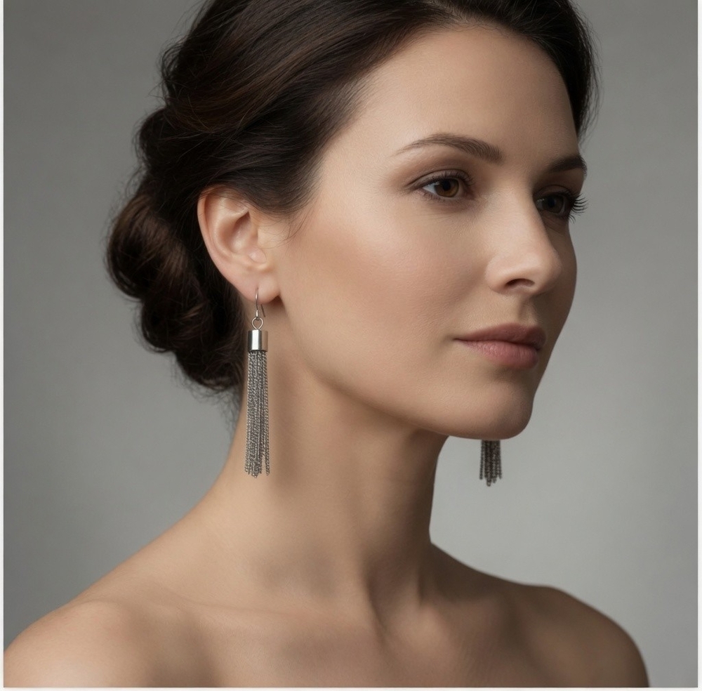 Silver Chain Tinsel Tassel Earrings 2.5" Dangle Fishhook Women's Jewelry VG